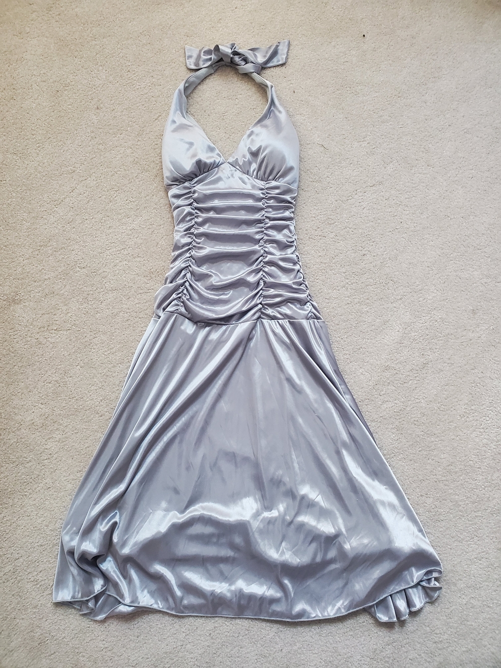 Ruby Rox Silver Backless Halter Ruched Satin Maxi Dress